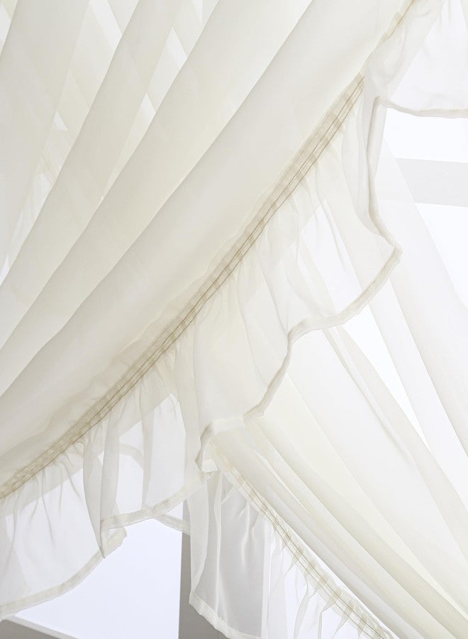 Seibeh Tex Shabby Chic Double Layer Sheer Ruffled Priscilla Rod Pocket Window Curtain Panel with Tiebacks Beige，100" W x 84" L - Image 5